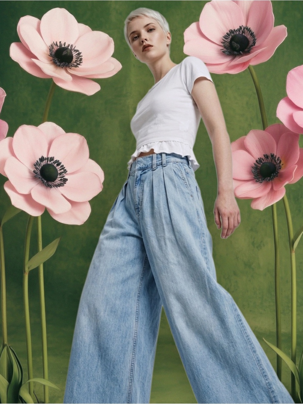 We The Free Light Blue Wide-Leg Pleated Jeans